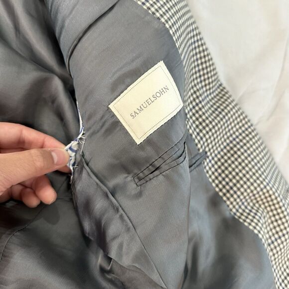 Samuelsohn Sport Coat 44R Houndstooth Blazer Black White Blue Flaws* - Picture 9 of 9